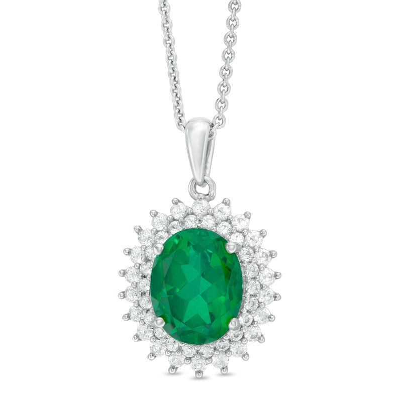 Oval Green Quartz Doublet and Lab-Created White Sapphire Sunburst Frame Pendant in Sterling Silver