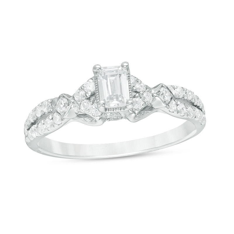 0.69 CT. T.W. Emerald-Cut Diamond Vintage-Style Engagement Ring in 14K White Gold - Size 7