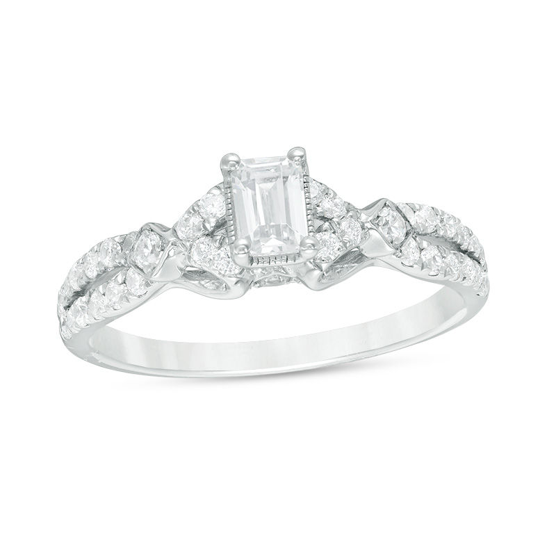 0.69 CT. T.W. Emerald-Cut Diamond Vintage-Style Engagement Ring in 14K White Gold|Peoples Jewellers