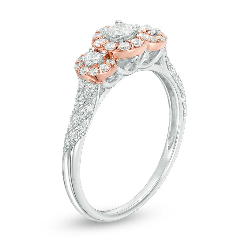 Main Image 2 of 0.45 CT. T.W. Diamond Past Present Future® Frame Twist Vintage-Style Engagement Ring in 10K Two-Tone Gold - Size 7
