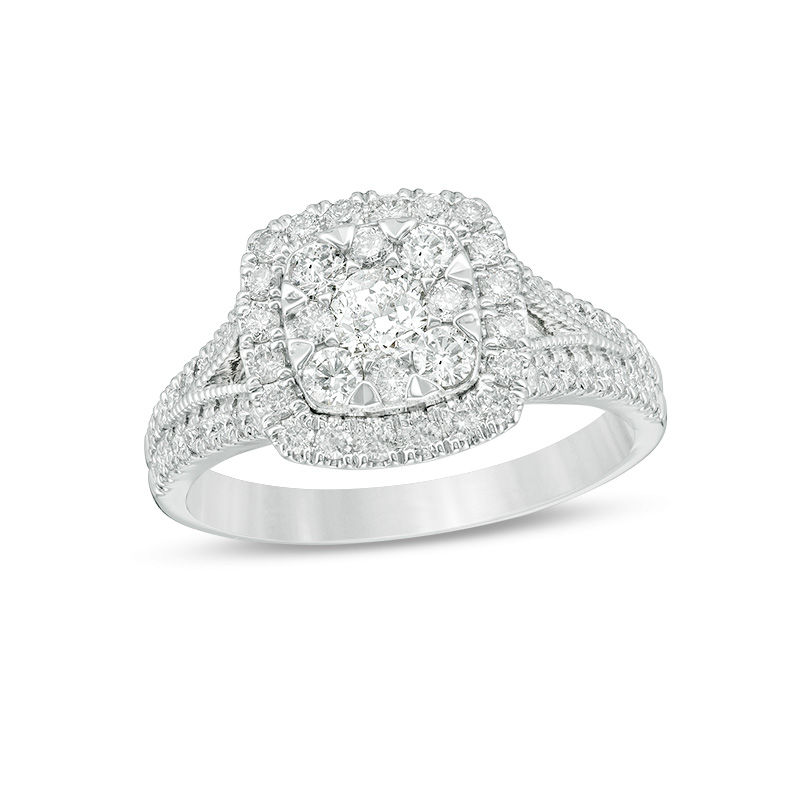 0.95 CT. T.W. Diamond Double Cushion Frame Vintage-Style Engagement Ring in 14K White Gold