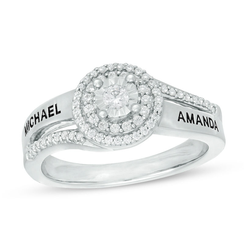 Main Image 1 of Couple's 1/4 CT. T.W. Diamond Double Swirl Frame Split Shank Promise Ring in Sterling Silver (2 Names)