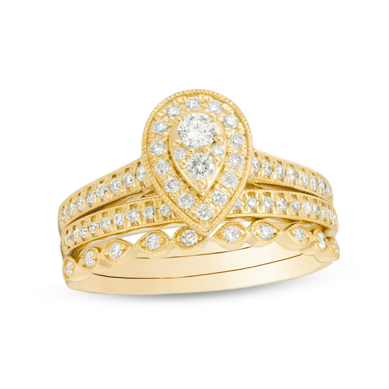 Main Image 1 of 0.50 CT. T.W. Diamond Pear-Shaped Frame Vintage-Style Three Piece Bridal Set in 10K Gold