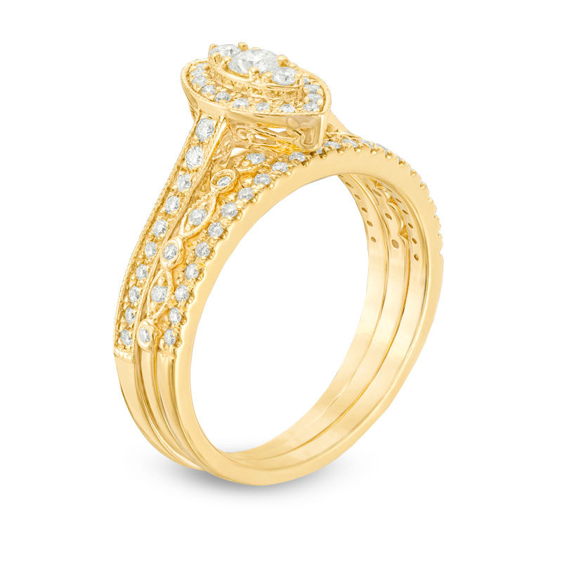 Main Image 2 of 0.50 CT. T.W. Diamond Marquise Frame Vintage-Style Three Piece Bridal Set in 10K Gold