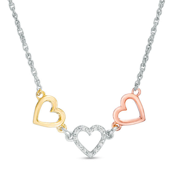 Diamond Accent Triple Heart Necklace in Sterling Silver with 14K Two ...