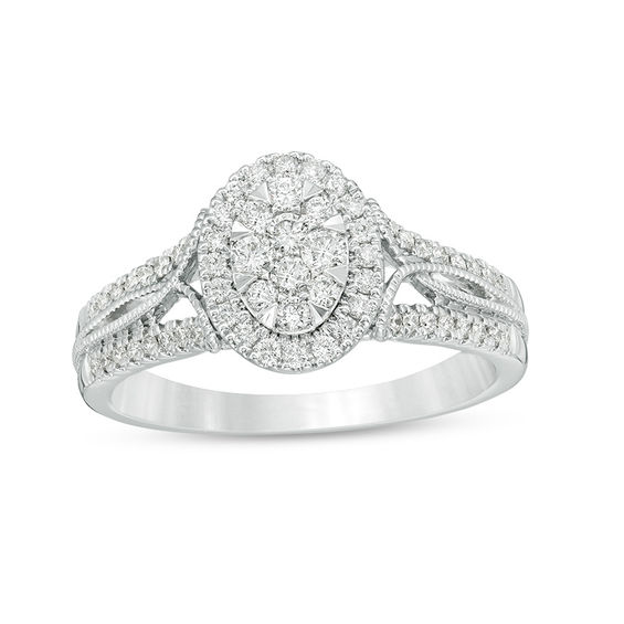 0.45 CT. T.W. Composite Diamond Oval Frame Twist Vintage-Style Engagement Ring in 10K White Gold