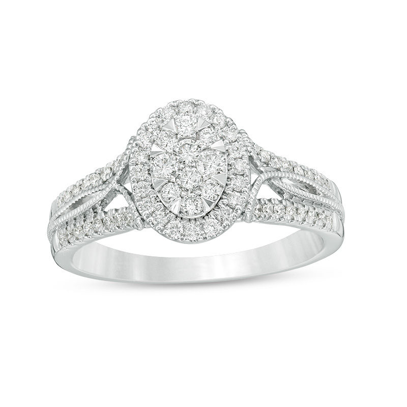 Main Image 1 of 0.45 CT. T.W. Composite Diamond Oval Frame Twist Vintage-Style Engagement Ring in 10K White Gold