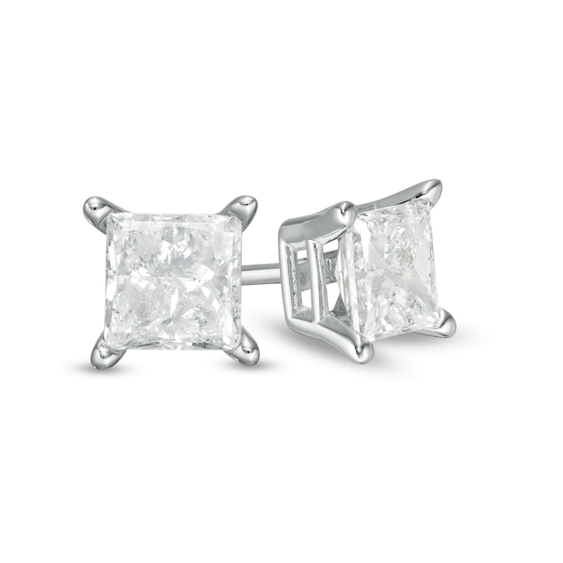 Main Image 1 of 1.00 CT. T.W. Certified Princess-Cut Diamond Solitaire Stud Earrings in 14K White Gold (J/I3)