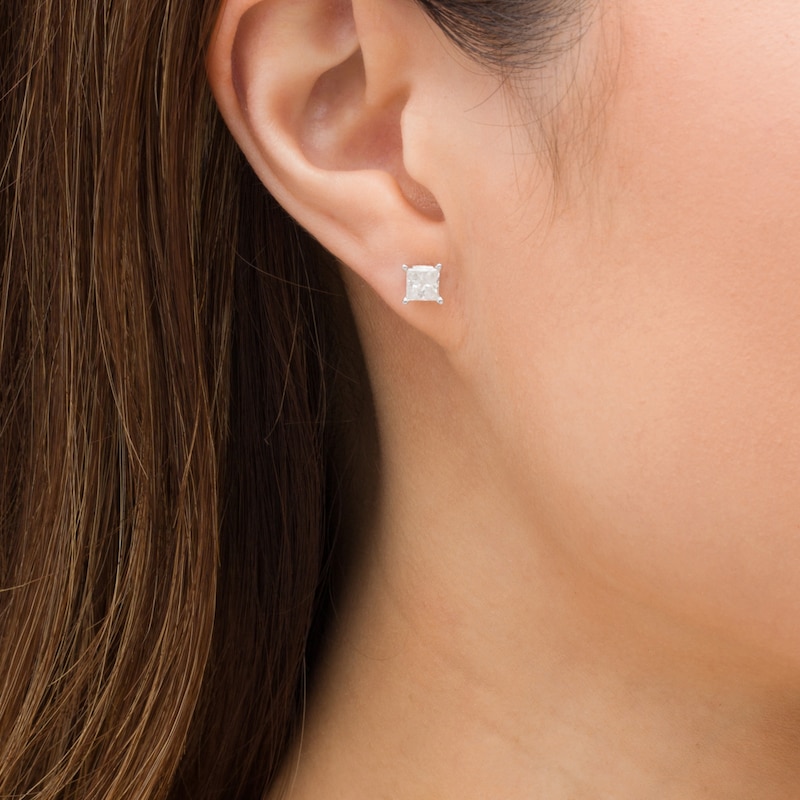 Main Image 2 of 1.00 CT. T.W. Certified Princess-Cut Diamond Solitaire Stud Earrings in 14K White Gold (J/I3)