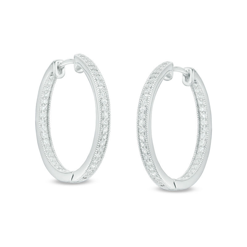 Platinum Sterling Silver White Sapphire Inside Out Design Oval Hoop Earrings