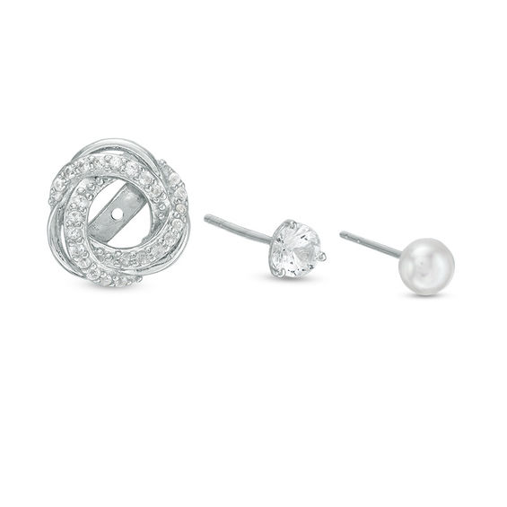 4.0mm Lab-Created White Sapphire and Button Cultured Freshwater Pearl Stud Earrings and Jacket Set in Sterling Silver