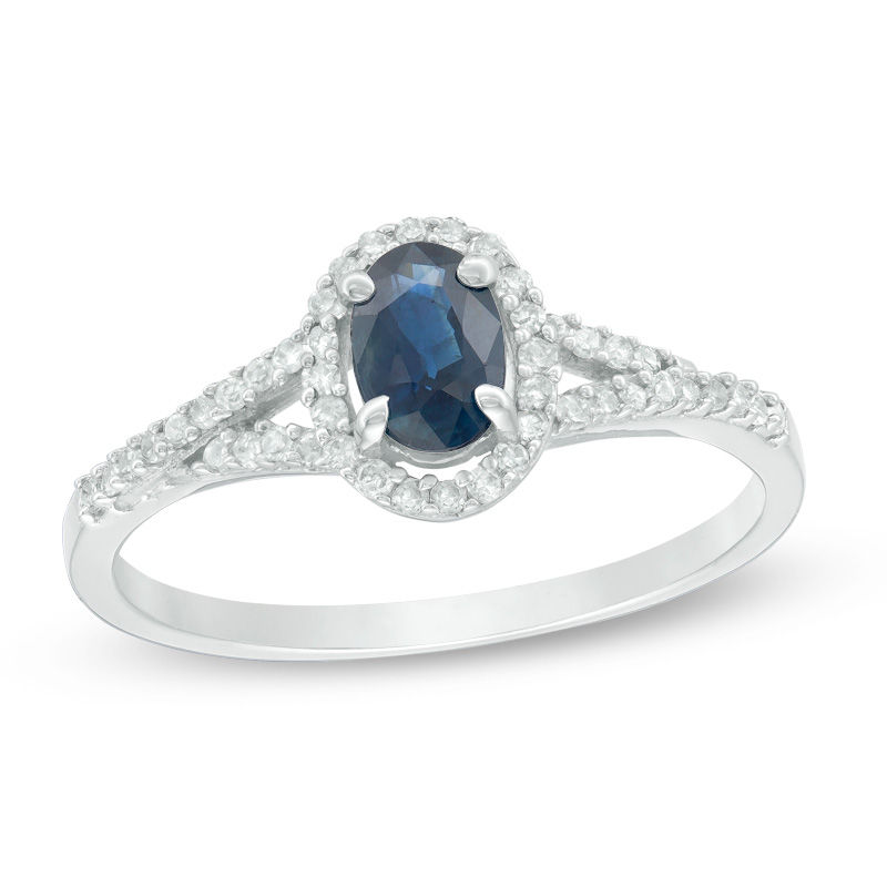 Oval Blue Sapphire and 0.17 CT. T.W. Diamond Frame Split Shank Ring in 10K White Gold