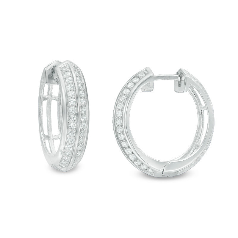 Lab-Created White Sapphire Double Row Huggie Hoop Earrings in Sterling ...