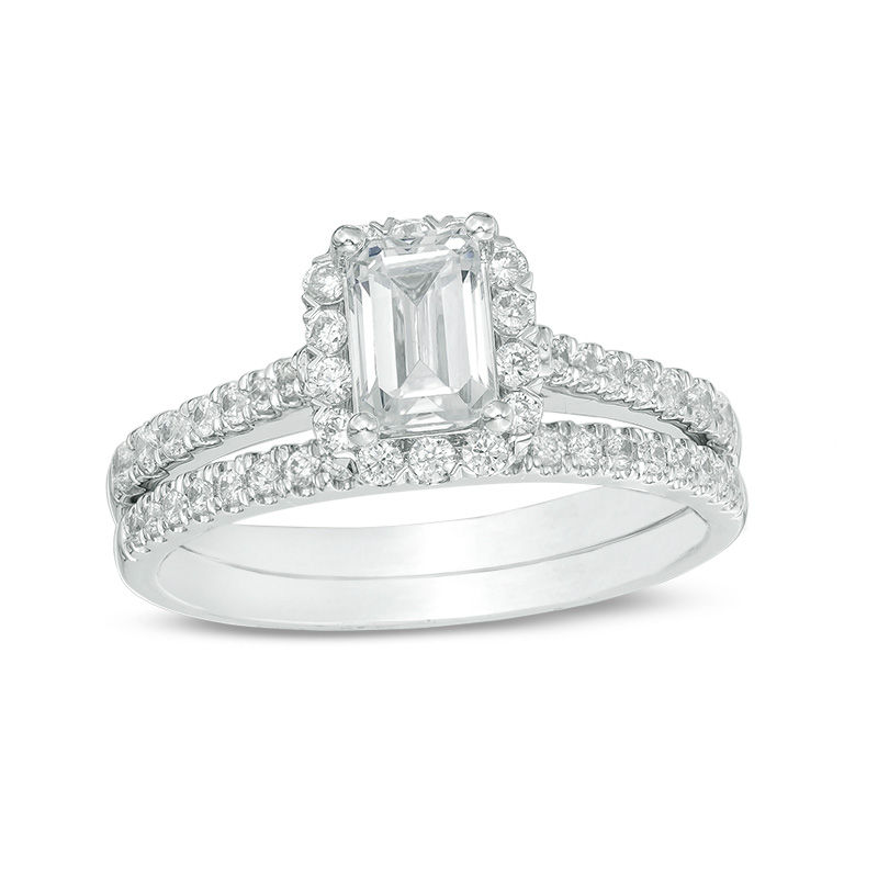 1.20 CT. T.W. Certified Emerald-Cut Diamond Frame Bridal Set in 14K White Gold (I/SI2)|Peoples Jewellers