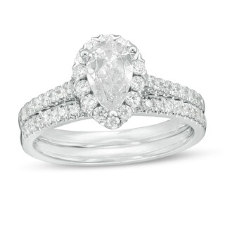 1.20 CT. T.W. Certified Pear-Shaped Diamond Frame Bridal Set in 14K White Gold (I/SI2)
