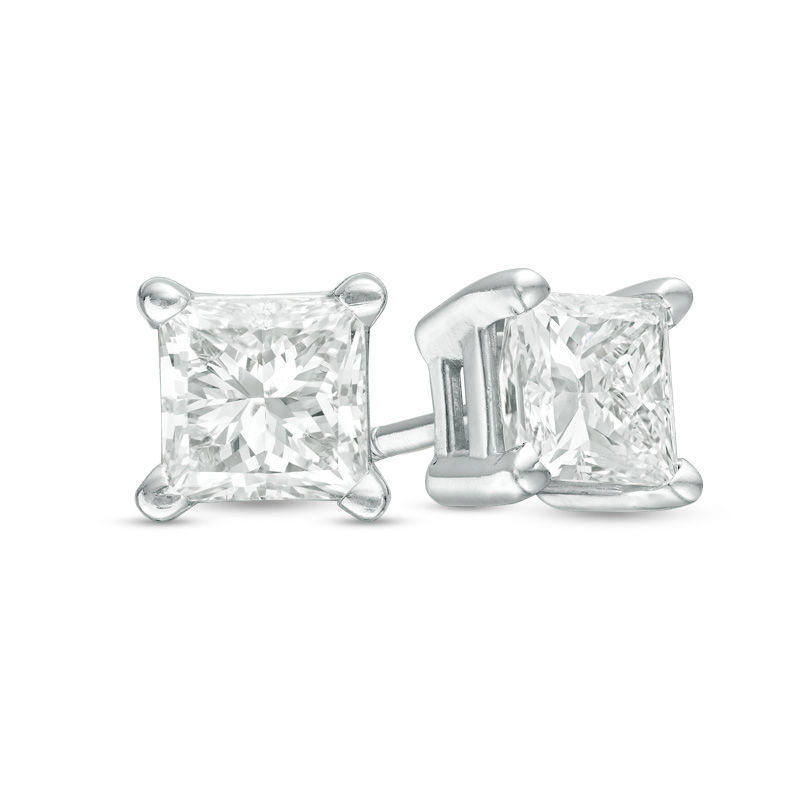 Main Image 1 of 1.50 CT. T.W. Certified Princess-Cut Diamond Solitaire Stud Earrings in 14K White Gold (J/I2)