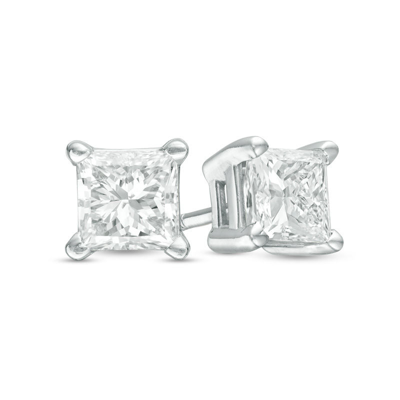 Main Image 1 of 3.00 CT. T.W. Certified Princess-Cut Diamond Solitaire Stud Earrings in 14K White Gold (J/I2)