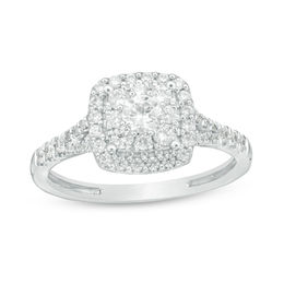 0.60 CT. T.W. Certified Canadian Diamond Double Cushion Frame Engagement Ring in 14K White Gold (I/I2)