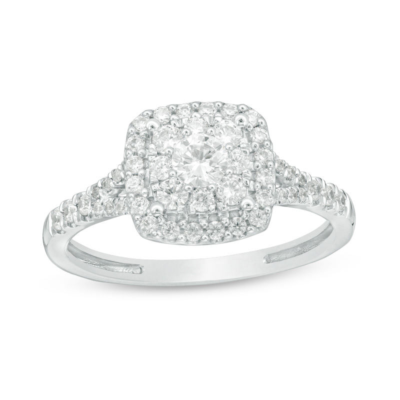 Main Image 1 of 0.60 CT. T.W. Certified Canadian Diamond Double Cushion Frame Engagement Ring in 14K White Gold (I/I2)