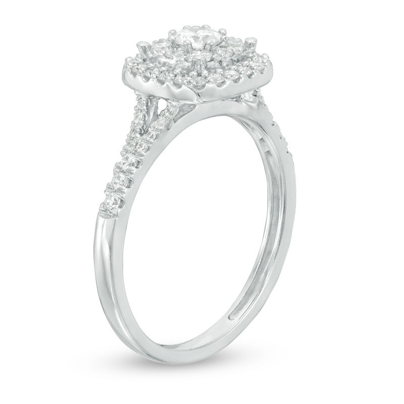 0.60 CT. T.W. Certified Canadian Diamond Double Cushion Frame Engagement Ring in 14K White Gold (I/I2)
