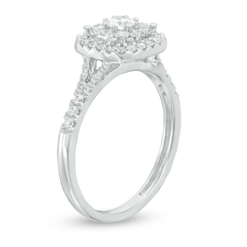 Main Image 2 of 0.60 CT. T.W. Certified Canadian Diamond Double Cushion Frame Engagement Ring in 14K White Gold (I/I2)