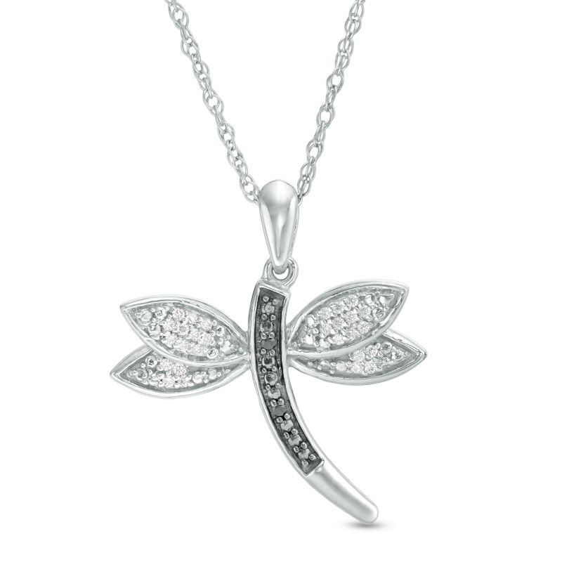 0.085 CT. T.W. Enhanced Black and White Diamond Dragonfly Pendant in Sterling Silver