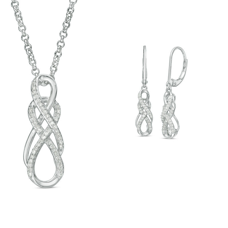 0.19 CT. T.W. Diamond Double Infinity Pendant and Drop Earrings Set in Sterling Silver - 17"