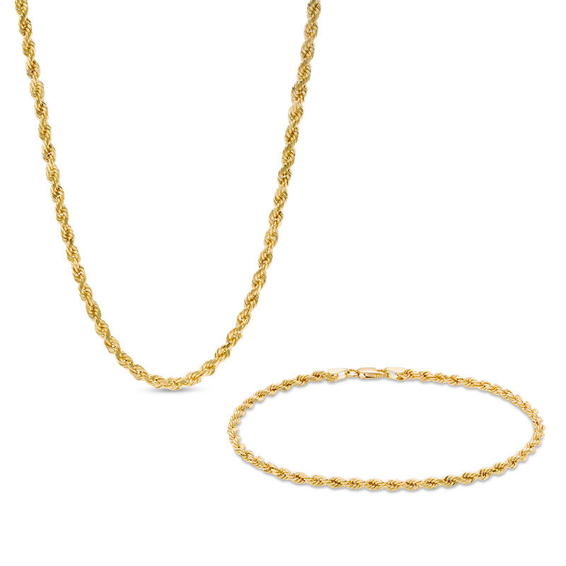 Italian Gold 3.0mm Rope Chain Necklace and Bracelet Set in 14K Gold - 22"