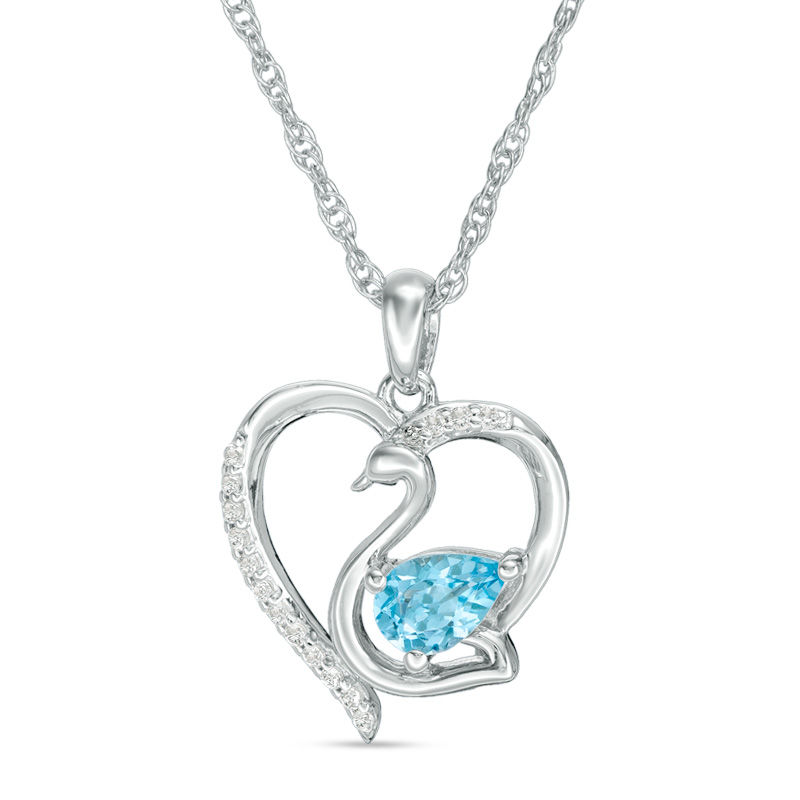 Pear-Shaped Swiss Blue Topaz and Lab-Created White Sapphire Swan Heart Pendant in Sterling Silver|Peoples Jewellers