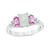 Thumbnail Image 0 of Emerald-Cut Lab-Created Opal, Pink and White Sapphire Tri-Sides Three Stone Ring in Sterling Silver