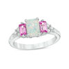 Emerald-Cut Lab-Created Opal, Pink and White Sapphire Tri-Sides Three Stone Ring in Sterling Silver
