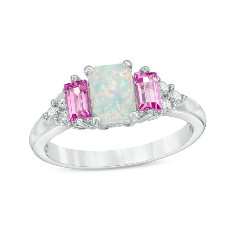 Emerald-Cut Lab-Created Opal, Pink and White Sapphire Tri-Sides Three Stone Ring in Sterling Silver