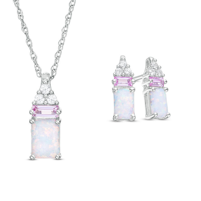 Emerald-Cut Lab-Created Opal, Pink and White Sapphire Tri-Top Pendant and Drop Earrings Set in Sterling Silver