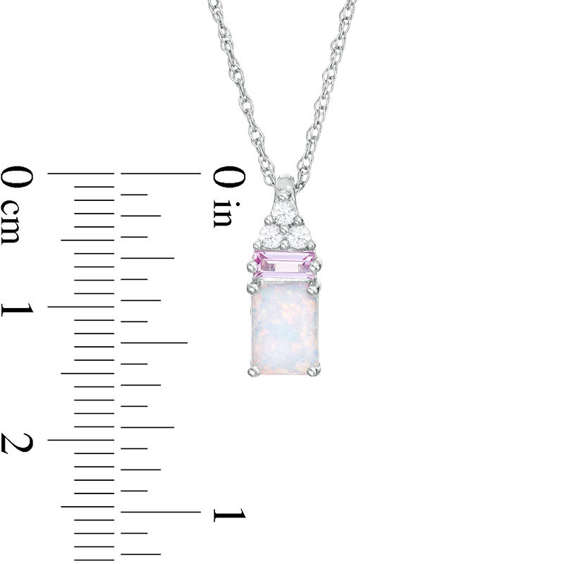 Main Image 3 of Emerald-Cut Lab-Created Opal, Pink and White Sapphire Tri-Top Pendant and Drop Earrings Set in Sterling Silver