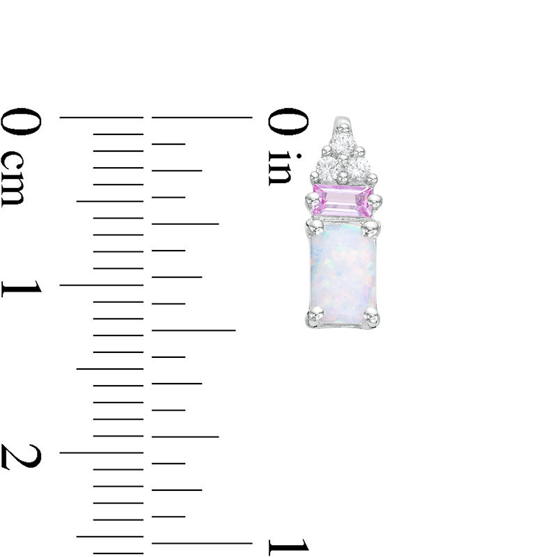Main Image 4 of Emerald-Cut Lab-Created Opal, Pink and White Sapphire Tri-Top Pendant and Drop Earrings Set in Sterling Silver