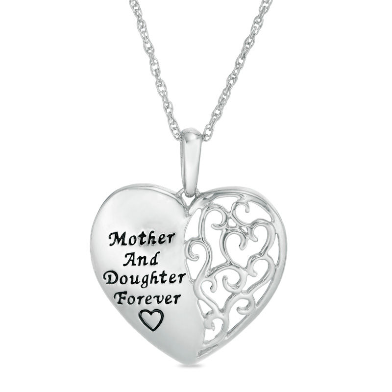 "Mother and Daughter Forever" Scroll Heart Pendant in 10K White Gold
