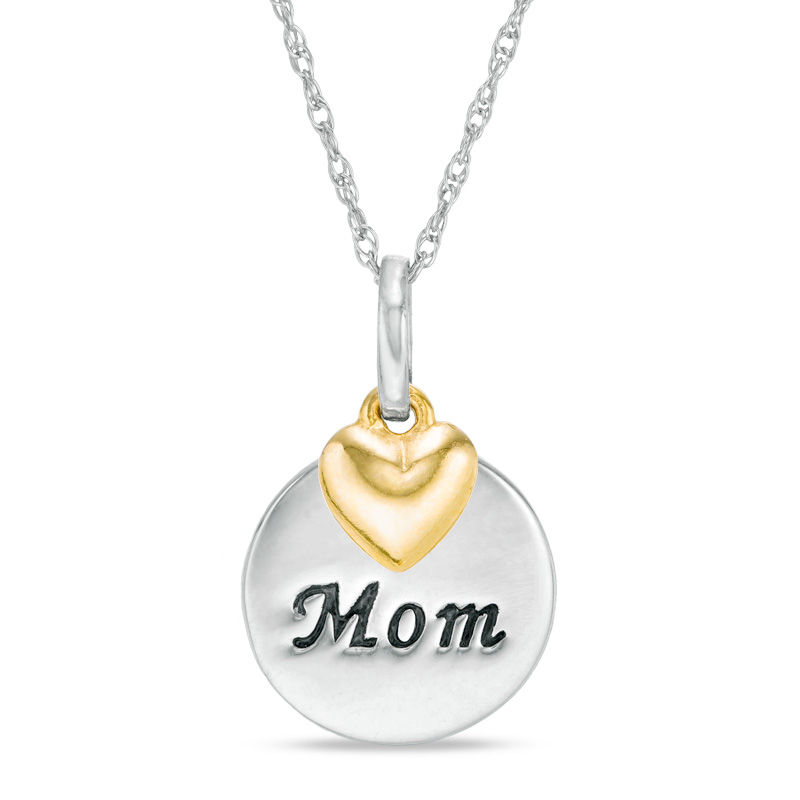 "Mom" Round Disc Pendant with Puffed Heart Charm in 10K Two-Tone Gold|Peoples Jewellers