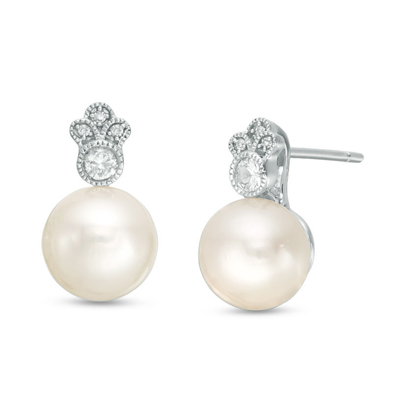 8.0 - 8.5mm Cultured Freshwater Pearl, White Sapphire and Diamond Accent Vintage-Style Drop Earrings in 10K White Gold