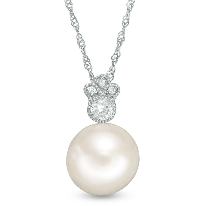10.0 - 10.5mm Cultured Freshwater Pearl, White Sapphire and Diamond Accent Vintage-Style Pendant in 10K White Gold - 17"