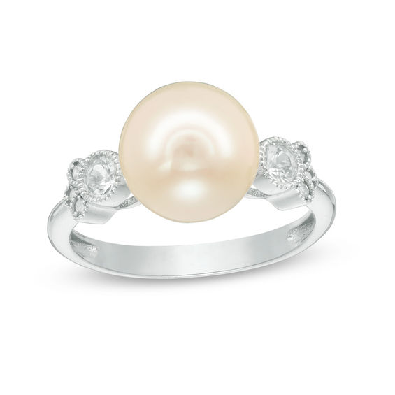 10.0 - 10.5mm Cultured Freshwater Pearl, White Sapphire and Diamond Accent Vintage-Style Ring in 10K White Gold 10.0 - 10.5mm Cultured Freshwater Pearl, White Sapphire and Diamond Accent Vintage-Style Ring in 10K White Gold