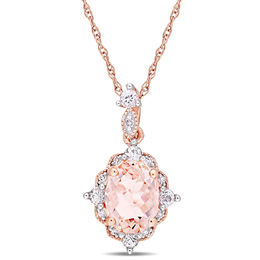 Oval Morganite, White Sapphire and Diamond Accent Vintage-Style Drop Pendant in 10K Rose Gold - 17&quot;