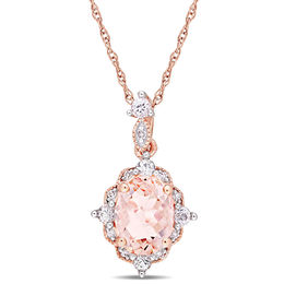 Oval Morganite, White Sapphire and Diamond Accent Vintage-Style Drop Pendant in 10K Rose Gold - 17"