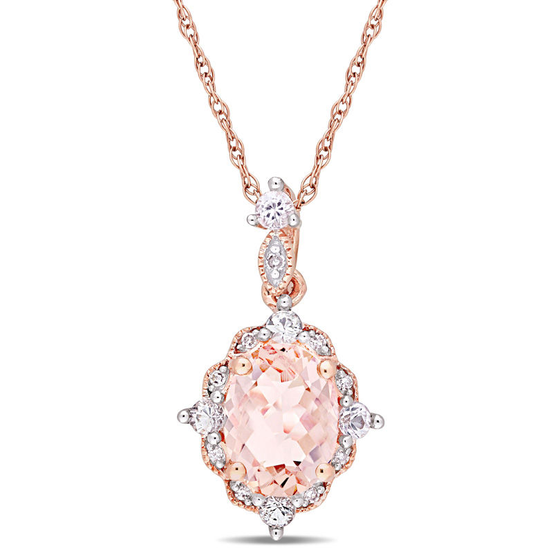 Main Image 1 of Oval Morganite, White Sapphire and Diamond Accent Vintage-Style Drop Pendant in 10K Rose Gold - 17"