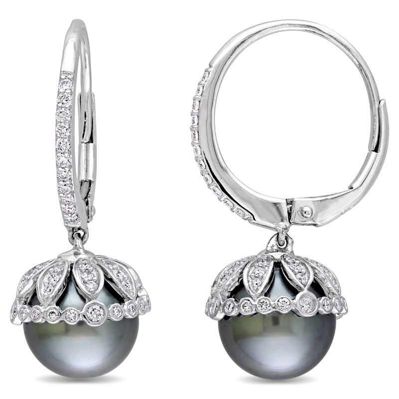 9.0 - 9.5mm Black Cultured Tahitian Pearl and 0.51 CT. T.W. Diamond Leaf Drop Earrings in 14K White Gold|Peoples Jewellers