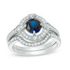 Thumbnail Image 0 of 6.0mm Lab-Created Blue and White Sapphire with 0.30 CT. T.W. Diamond Frame Vintage-Style Bridal Set in Sterling Silver