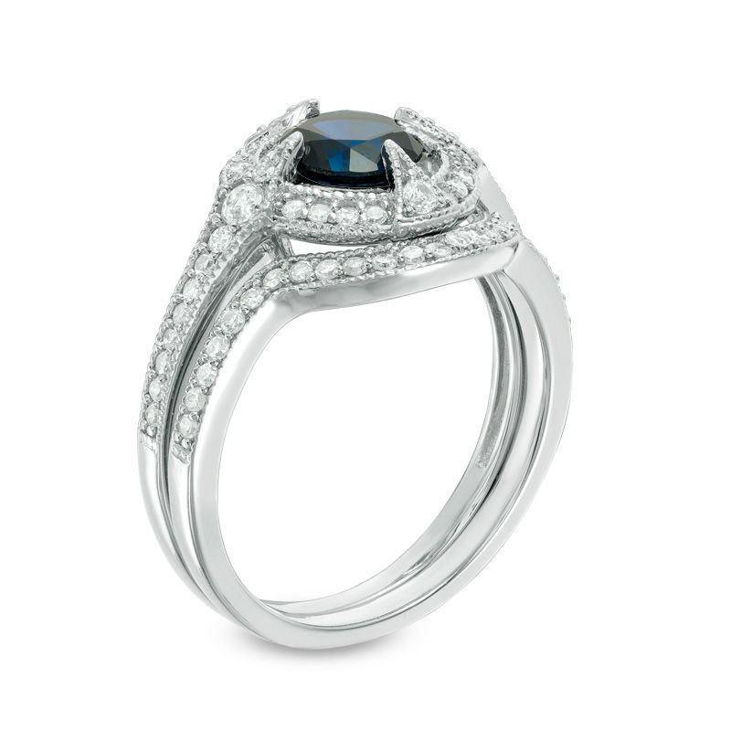 6.0mm Lab-Created Blue and White Sapphire with 0.30 CT. T.W. Diamond Frame Vintage-Style Bridal Set in Sterling Silver