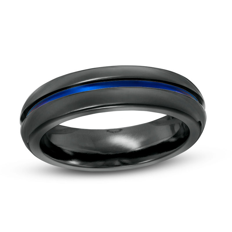 Radiance by Edward Mirell Men's 6.0mm Comfort Fit Blue Anodized Wedding Band in Black Titanium