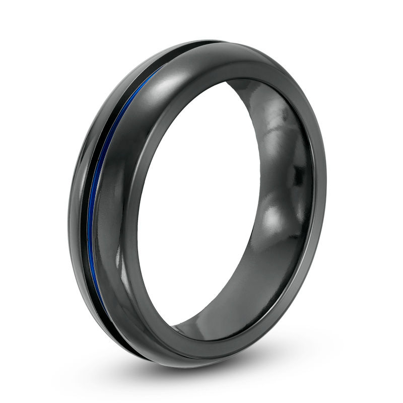 Radiance by Edward Mirell Men's 6.0mm Comfort Fit Blue Anodized Wedding Band in Black Titanium