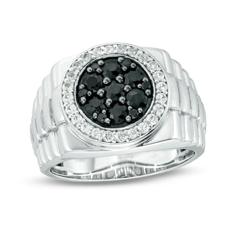 Men's Composite Black and White Sapphire Frame Stepped Shank Ring in Sterling Silver