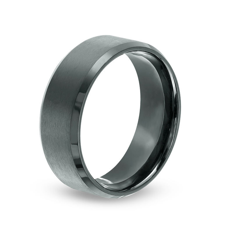 Main Image 2 of Men's 8.0mm Brushed Centre Bevelled Edge Wedding Band in Black IP Stainless Steel
